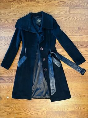 Mackage Black Wool Trench Coat with Leather Trim